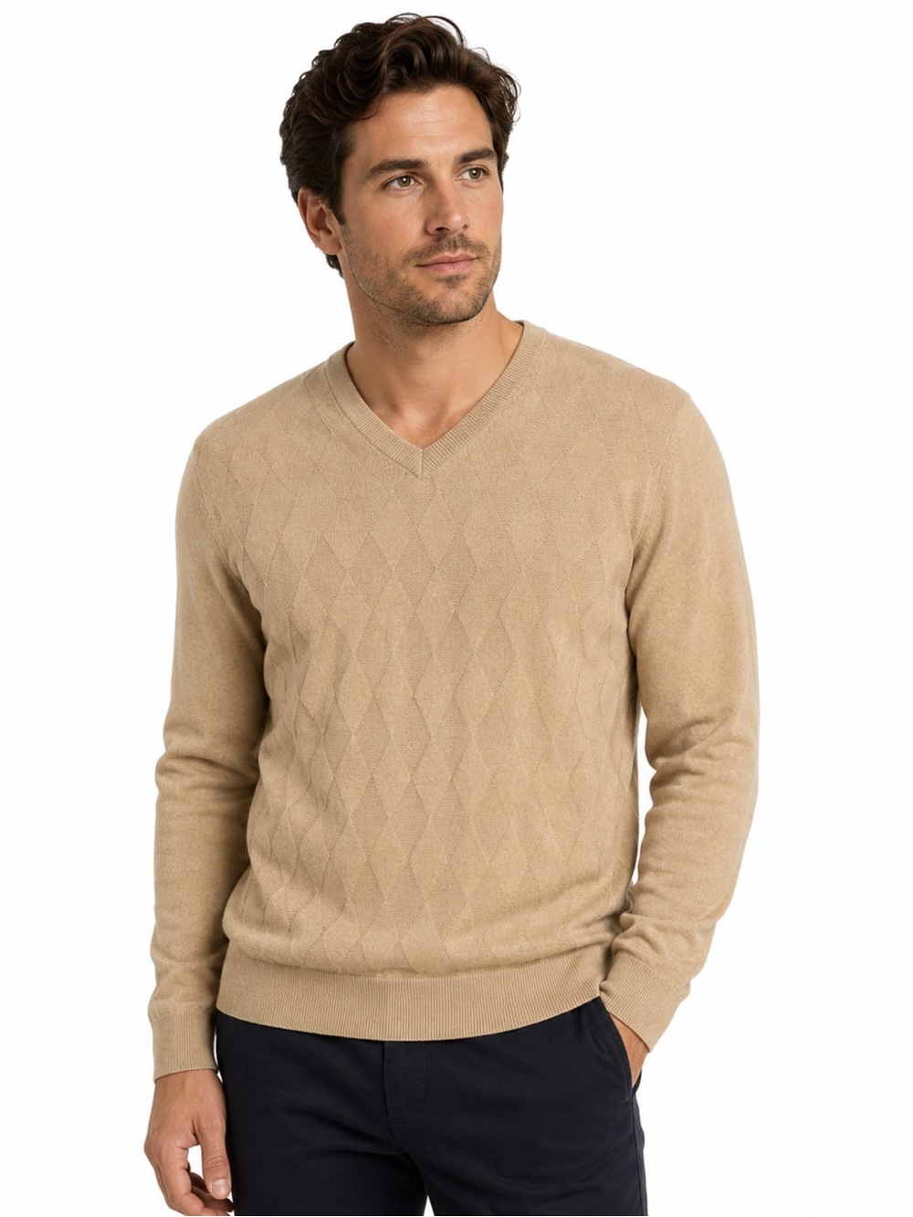 Lyle & Scott Size Medium Men's Tan V-Neck Diamond-Pattern Sweater